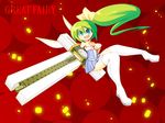  :d alternate_costume bare_shoulders blue_eyes boots bow cross cross_punisher daiyousei dress green_hair gun hair_bow huge_weapon kuresento long_hair open_mouth parody pointing short_dress side_ponytail smile solo strapless strapless_dress thigh_boots thighhighs touhou trigun weapon wings 