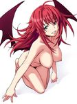  ahoge antenna_hair bat_wings breasts demon_girl face green_eyes hands high_school_dxd huge_ahoge kneeling large_breasts long_hair minato_fumi nipples nude red_hair rias_gremory simple_background solo wings 