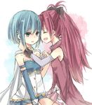  :d :o antenna_hair bad_id bad_pixiv_id bare_shoulders blue_eyes blue_hair bow cape closed_eyes detached_sleeves hair_bow long_hair magical_girl mahou_shoujo_madoka_magica meet_neet miki_sayaka multiple_girls open_mouth red_hair sakura_kyouko short_hair smile tears 