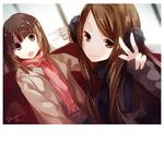  :p bad_id bad_pixiv_id bangs blunt_bangs brown_eyes brown_hair dhiea earmuffs jacket long_hair lowres multiple_girls original scarf signature smirk tongue tongue_out v 