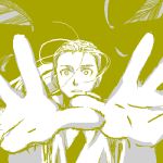  close-up expressionless feathers floating_hair fullmetal_alchemist hands looking_at_viewer lowres male_focus mattsu monochrome open_mouth simple_background teeth upper_body van_hohenheim wind wind_lift yellow_background younger 