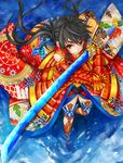  :&gt; armor black_hair chacha_(sengoku_taisen) gauntlets hair_ornament japanese_armor japanese_clothes kanzashi katana kikumon kote kusazuri ornate_armor red_eyes samurai sengoku_taisen shippou_(pattern) solo sword twintails vambraces wading water weapon yato 