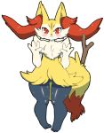 1girl animal_ear_fluff animal_ears black_outline blush braixen chizi claws closed_mouth creatures_(company) female fox_ears fox_tail full_body furry game_freak gen_6_pokemon hands_up happy highres looking_at_viewer nintendo no_humans paws pigeon-toed pokemon pokemon_(creature) red_eyes shiny shiny_skin simple_background smile solo standing stick sweat tail white_background 