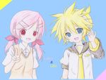  1boy 1girl arm_warmers bass_clef blonde_hair blue_background blue_eyes bow boy boy_and_girl braid coffee_(coffeenomenai) coffee_(piapro) collar female girl hair_bow hair_ornament hairclip hand_behind_ear headphones headset kagamine_len male necktie open_mouth pink_hair ponytail red_eyes sailor_collar self-portrait shirt short_sleeves simple_background twin_braids v vest vocaloid 