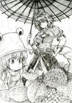  :t flower frog graphite_(medium) hair_ribbon hand_on_hip hat hydrangea izuna_nie monochrome moriya_suwako multiple_girls oriental_umbrella rain ribbon rope shimenawa short_hair sketch touhou traditional_media umbrella water_drop yasaka_kanako 