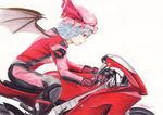  bat_wings biker_clothes bikesuit colored_eyelashes colored_pencil_(medium) ground_vehicle hat motor_vehicle motorcycle profile red_eyes remilia_scarlet riding rpracing signature solo touhou traditional_media wings 