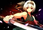  bare_shoulders black_hairband dual_wielding gradient_hair hairband holding japanese_clothes katana konpaku_youmu kotomuke_fuurin multicolored_hair petals red_eyes short_hair silver_hair solo sword touhou weapon 