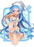  anger_vein bad_id bad_pixiv_id bikini blue_eyes blue_hair blue_nails blush c_(rori0) cannibalism fang feet fingernails food foreshortening hat ikamusume ikayaki long_hair looking_at_viewer nail_polish pointing pointing_at_viewer sandals shinryaku!_ikamusume solo squid swimsuit tears tentacle_hair toenail_polish 