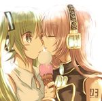  arm_grab bad_id bad_pixiv_id blush closed_eyes face-to-face food food_on_face green_eyes green_hair hatsune_miku headphones ice_cream licking long_hair megurine_luka multiple_girls pink_hair tattoo vocaloid yuri yuuyu_(777) 