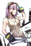  dirty gloves god_eater god_eater_burst goggles hand_on_head hand_on_hip hijiri kusunoki_rikka purple_hair short_hair sweat tank_top yellow_eyes 