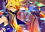  :d akishima_(mayotome) blonde_hair boy drops fingerless_gloves gloves green_eyes hair_over_one_eye headset hood kagamine_len male male_focus open_mouth outstretched_hand sleeveless smile solo sunglasses vest vocaloid water_drop 
