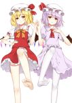  2girls ascot bangs bare_legs barefoot bat_wings blonde_hair bow bowtie brooch commentary_request crystal dress eyebrows_visible_through_hair feet feet_out_of_frame flan_(seeyouflan) flandre_scarlet frilled_shirt_collar frills hand_on_hip hand_on_own_chest hand_up hat hat_ribbon highres jewelry ke-ta_(style) lavender_hair leg_up looking_at_viewer miniskirt mob_cap multiple_girls no_shoes orange_bow orange_neckwear pantyhose purple_dress red_eyes red_neckwear red_ribbon red_skirt red_vest remilia_scarlet ribbon short_hair siblings simple_background sisters skirt skirt_set soles standing standing_on_one_leg thighs toes touhou vest white_background white_hat white_legwear wings 