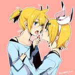  1girl bad_id bad_pixiv_id blonde_hair blue_eyes brother_and_sister condensed_milk food fruit hair_ribbon holding holding_food holding_fruit kagamine_len kagamine_rin kurono_yuu licking open_mouth ponytail ribbon saliva saliva_trail sexually_suggestive short_hair siblings signature simple_background strawberry teeth tongue twins vocaloid 