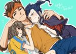  age_difference blue_hair blush brown_eyes brown_hair cloak clothes_writing denim endou_mamoru headband inazuma_eleven_(series) inazuma_eleven_go jacket jeans kinokooooo male_focus multiple_boys older pants shindou_takuto smile soccer_uniform sportswear tsurugi_kyousuke yellow_eyes 