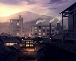  boat building chimney city cityscape commentary east_asian_architecture mountain no_humans radio_antenna scenery seo_tatsuya silhouette smoke smokestack touhou twilight watercraft 