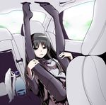  akemi_homura black_hair bottle car car_interior commentary folded ground_vehicle hairband jewelry knees_on_chest leg_grab legs legs_over_head legs_up long_hair long_legs magical_girl mahou_shoujo_madoka_magica motor_vehicle no_shoes pantyhose parody purple_eyes ring skirt solo suiyou_dou_de_shou water_bottle yuugo_(atmosphere) 