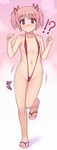  1girl :o areola_slip areolae breasts clenched_hands collarbone groin hidebou kaname_madoka mahou_shoujo_madoka_magica navel pink_hair red_eyes ribbon running sandals slingshot_swimsuit small_breasts solo standing standing_on_one_leg sweatdrop swimsuit toes twintails w_arms 