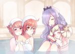  4girls arukioki blonde_hair bow camilla_(fire_emblem_if) closed_mouth dress elise_(fire_emblem_if) eyes_closed fire_emblem fire_emblem_heroes fire_emblem_if hair_bow hair_over_one_eye hinoka_(fire_emblem_if) hug long_hair multicolored_hair multiple_girls naked_towel nintendo pink_dress pink_hair purple_bow purple_hair red_eyes red_hair sakura_(fire_emblem_if) short_hair siblings sisters smile towel towel_on_head twintails 