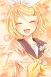 alternate_costume blonde_hair bow bow_tie bowtie fang female first_person flower flowers_in_hand girl hair_bow hair_ornament hairclip highres kagamine_rin open_mouth outstretched_hand pov sailor_collar smile vocaloid yayoi_(yayoi_bittersweet) 