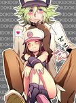  1girl :3 aka_ruuko bad_id bad_pixiv_id baseball_cap blue_eyes blush boots brown_hair closed_eyes green_hair hat heart height_difference long_hair n_(pokemon) pokemon pokemon_(game) pokemon_bw sitting spoken_heart touko_(pokemon) 