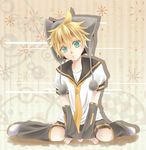  arm_warmers blonde_hair boots boy green_eyes hat kagamine_len male male_focus necktie pom_poms pompom sailor_collar shirt short_sleeves shorts sitting solo soruto_(izayoiii) t-shirt vocaloid white_shirt 