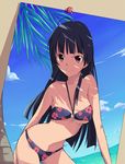  beach bikini black_hair blue_sky brown_eyes cloud day highres jewelpet_(series) jewelpet_sunshine light_smile long_hair looking_at_viewer mizushiro_kanon o-ring o-ring_top ocean photo_(object) ponekusan sky solo summer swimsuit thumbtack tree_shade wall 