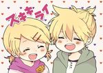  1boy 1girl blonde_hair blush boy boy_and_girl braid female flower_ornament girl hair_ornament hairclip heart hood kagamine_len kagamine_rin laughing male open_mouth suki_kirai_(vocaloid) twin_braids vocaloid yanagi_(yanagi521) 