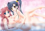  ass black_hair blue_eyes blush breast_press breasts couple hair_ornament holding_hands interlocked_fingers kan'u koihime_musou large_breasts long_hair multiple_girls nipples nude red_hair ryuubi side_ponytail smile symmetrical_docking water yasu_rintarou yellow_eyes yuri 