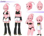  alien bikini black_sclera breasts dragon_ball dragon_ball_online earrings epe-tohri female_majin jewelry jitome medium_breasts monster_girl multiple_persona pink_skin red_eyes swimsuit thighhighs 