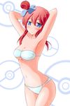  armpits arms_behind_head bad_id bad_pixiv_id blue_eyes blush breasts cleavage fuuro_(pokemon) hair_ornament highres kayama_kenji medium_breasts navel pokemon pokemon_(game) pokemon_bw red_hair solo swimsuit wet 