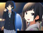  :d asymmetrical_hair black_eyes black_hair blazer extra fan jacket japanese_clothes k-on! kimono kisuke_(akutamu) open_mouth paper_fan ribbon round_teeth school_uniform short_hair skirt smile sunahara_yoshimi teeth uchiwa 