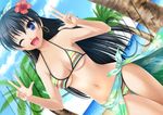  bad_id bad_pixiv_id bikini black_hair blue_eyes bow breasts cameltoe cleavage cloud day double_v dutch_angle earrings fang floral_print flower ganaha_hibiki hair_bow hair_flower hair_ornament hibiscus high_ponytail idolmaster idolmaster_(classic) jewelry long_hair medium_breasts multicolored multicolored_sarong navel one_eye_closed open_mouth ponytail print_sarong sarong shiny shiny_skin sky smile solo striped striped_bikini swimsuit totokichi tree v watermark 