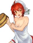  1girl ahoge bare_shoulders blush breasts brown_eyes bucket cleavage fire_emblem fire_emblem_heroes fire_emblem_if hinoka_(fire_emblem_if) jurge looking_at_viewer medium_breasts naked_towel nintendo open_mouth red_hair short_hair simple_background solo towel towel_on_head white_background wooden_bucket 