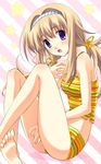 artist_request barefoot camisole chaos;head feet hairband multicolored multicolored_stripes nishijou_nanami open_mouth shorts sitting solo striped 