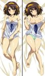  bad_id bad_pixiv_id bare_shoulders barefoot blurry blush breasts brown_eyes brown_hair dakimakura green_panties hair_ribbon lying medium_breasts momoiro_tanuki nipples no_bra on_back panties ribbon short_hair suzumiya_haruhi suzumiya_haruhi_no_yuuutsu underwear undressing 