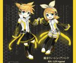  1boy 1girl arm_warmers bare_shoulders bass_clef belly blonde_hair blue_eyes boots bow bow_tie bowtie boy boy_and_girl collar female girl hair_bow hair_ornament hairclip headphones kagamine_len kagamine_len_(append) kagamine_rin kagamine_rin_(append) leg_warmers male najwah-namine navel open_mouth ponytail popped_collar short_hair short_shorts shorts sleeveless smile treble_clef vocaloid vocaloid_append 