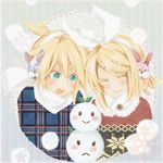  1boy 1girl :o aqua_eyes blonde_hair bow boy boy_and_girl bunny closed daruma daruma_(artist) earmuffs eyes eyes_closed female girl hair_bow hair_ornament hairclip kagamine_len kagamine_rin kimippa_(mkp1003) leaf male ponytail scarf short_hair smile snowflake snowflakes snowman vocaloid 