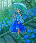  acrylic_paint_(medium) ama-tou bare_shoulders blue_eyes boots detached_sleeves flower forest green_hair highres hydrangea kochiya_sanae long_hair nature polka_dot rain rubber_boots solo stairs standing touhou traditional_media umbrella water_drop 