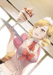 bad_id bad_pixiv_id blonde_hair breasts cccpo cleavage drill_hair dutch_angle food hair_ornament ice_cream mahou_shoujo_madoka_magica medium_breasts navel open_mouth parfait solo tomoe_mami tray twin_drills twintails waitress yellow_eyes 