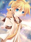  animal bass_clef bent_elbow blonde_hair blue_eyes boy chihuahua guinea_pig highres kagamine_len male male_focus necktie pet petals sailor_collar shinwa_(sinwa) shirt short_sleeves smile solo t-shirt vocaloid white_shirt 