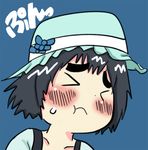  &gt;_&lt; bad_id bad_pixiv_id black_hair blush closed_eyes eyebrows hat mitsudomoe shiina_mayuri short_hair solo steins;gate sweatdrop yajirushi_(yajiru4) 