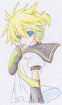  arm_warmers blonde_hair blue_eyes boy coffee_(coffeenomenai) colored_pencil_(medium) hand_to_mouth hand_to_own_mouth headphones headset highres kagamine_len male male_focus necktie ponytail sailor_collar shirt short_sleeves smile solo t-shirt traditional_media vocaloid white_shirt 