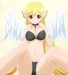  :&gt; angel_wings artist_request astraea bikini black_panties blonde_hair breasts cameltoe cleavage collar female solo sora_no_otoshimono spread_legs swimsuit wings 