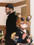  1boy 1girl ahoge animal_ears beanie bear_ears black_choker black_coat black_hat black_jacket black_shirt blurry blurry_background brown_hair choker closed_mouth collarbone commentary crop_top crossover depth_of_field eyewear_on_head facial_hair fur_collar girls_frontline grizzly_mkv grizzly_mkv_(girls_frontline) gun handgun hat highres holding holding_gun holding_weapon indoors jacket leon_(leon_the_professional) leon_the_professional long_sleeves looking_down narynn off_shoulder open_clothes open_jacket purple_eyes shirt short_hair short_sleeves sunglasses twitter_username weapon 