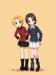  2girls absurdres bangs black_bow black_footwear black_legwear black_skirt blue_eyes blue_jacket boots bow braid brown_eyes brown_hair closed_mouth epaulettes girls_und_panzer green_shirt hair_bow hand_on_hip hand_on_own_chin hands_on_hips highres jacket leaning_to_the_side light_blush long_sleeves looking_at_another military military_uniform miniskirt multiple_girls ooarai_military_uniform open_mouth orange_background orange_hair orange_pekoe parted_bangs pleated_skirt red_jacket sawa_azusa shirt short_hair side-by-side simple_background skirt smile socks st._gloriana&#039;s_military_uniform standing tied_hair twin_braids uniform white_skirt yabai_gorilla zipper 