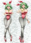  animal_ears between_breasts black_legwear blush breast_hold breasts bunny_ears bunnysuit cleavage clothes_between_breasts crossed_arms curvy dakimakura green_hair high_heels kazami_yuuka large_breasts legs lying multiple_views necktie on_back open_mouth pantyhose red_eyes shoes short_hair thigh_gap thighs touhou tsuki_wani wavy_mouth yellow_neckwear 