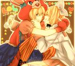  1boy 1girl :d animal_costume anko_ume_(ra_furaaannsu) blonde_hair boot_bow bow boy boy_and_girl bunny_costume eyes_closed female fork girl gloves hair_bow hand_on_another's_face hand_on_face heart kagamine_len kagamine_rin lol lots_of_laugh_(vocaloid) male open_mouth pants sitting skirt smile star striped striped_background striped_pants vocaloid 