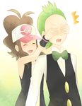  1girl bad_id bad_pixiv_id baseball_cap bow bowtie brown_hair closed_eyes covering_eyes dent_(pokemon) fin2424 green_hair hands_on_another's_face hat long_hair pokemon pokemon_(game) pokemon_bw ponytail touko_(pokemon) 