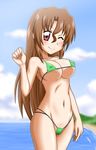  bikini breasts brown_hair covered_nipples goriate hayate_no_gotoku! large_breasts long_hair maria_(hayate_no_gotoku!) micro_bikini navel one_eye_closed red_eyes sideboob smile solo string_bikini swimsuit underboob 