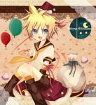  arm_warmers balloon blonde_hair bow boy christmas gift grey_eyes hat kagamine_len leg_warmers male male_focus moon necktie open_mouth pom_poms pompom ponytail present ribbon sailor_collar santa_hat shell shirt short_sleeves shorts sitting solo star t-shirt touki_(touki89) vocaloid white_shirt window 